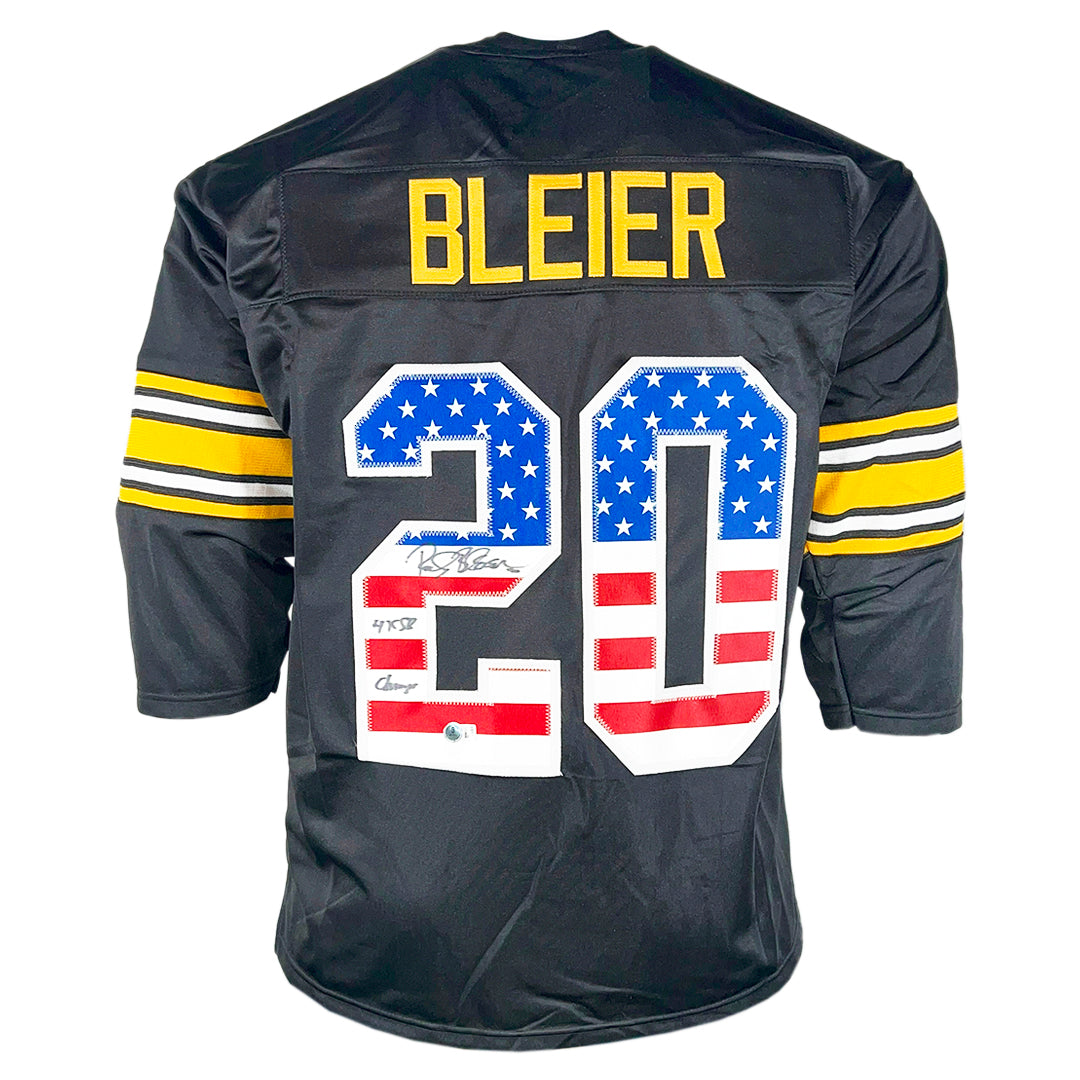 Rocky Bleier Signed 4x SB Champs Inscription Pittsburgh American Flag Football Jersey (Beckett)