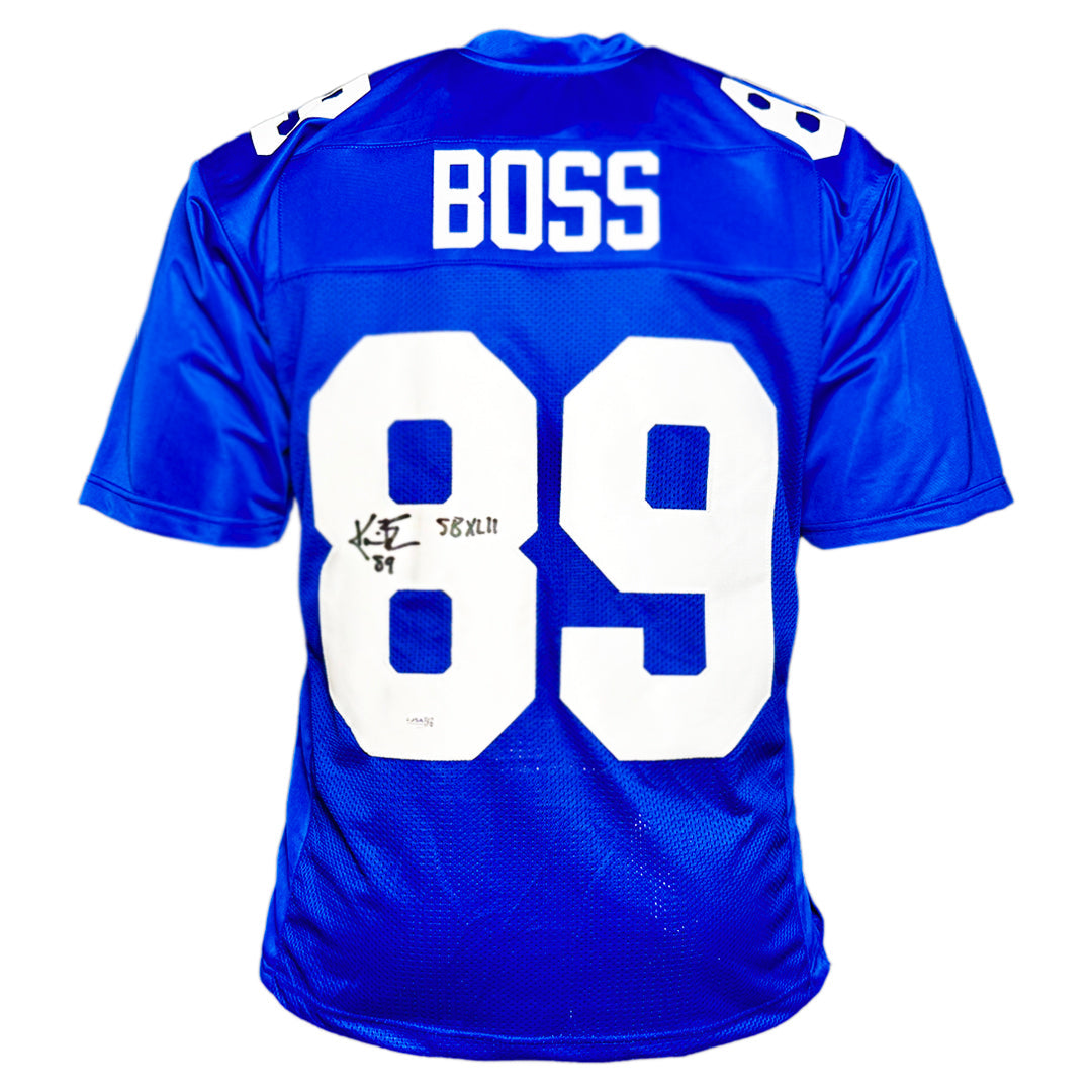 Kevin Boss Signed SB XLII Inscription New York Blue Football Jersey (JSA)