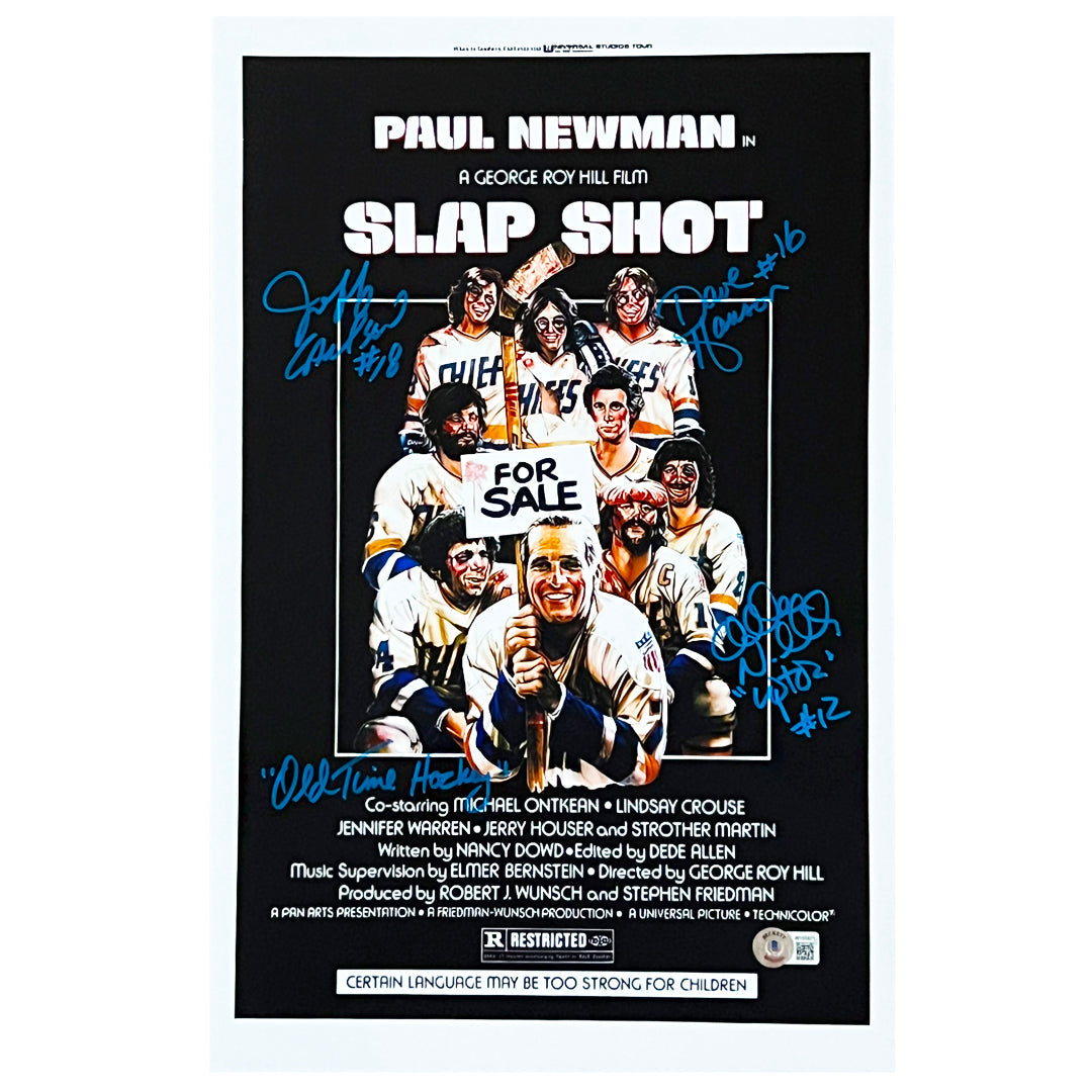 Hanson Brothers - Alan Nichols, Dave Hanson, Jeff Carlson Signed Old Time Hockey Inscription Slapshot 11x17 Photo (Beckett)