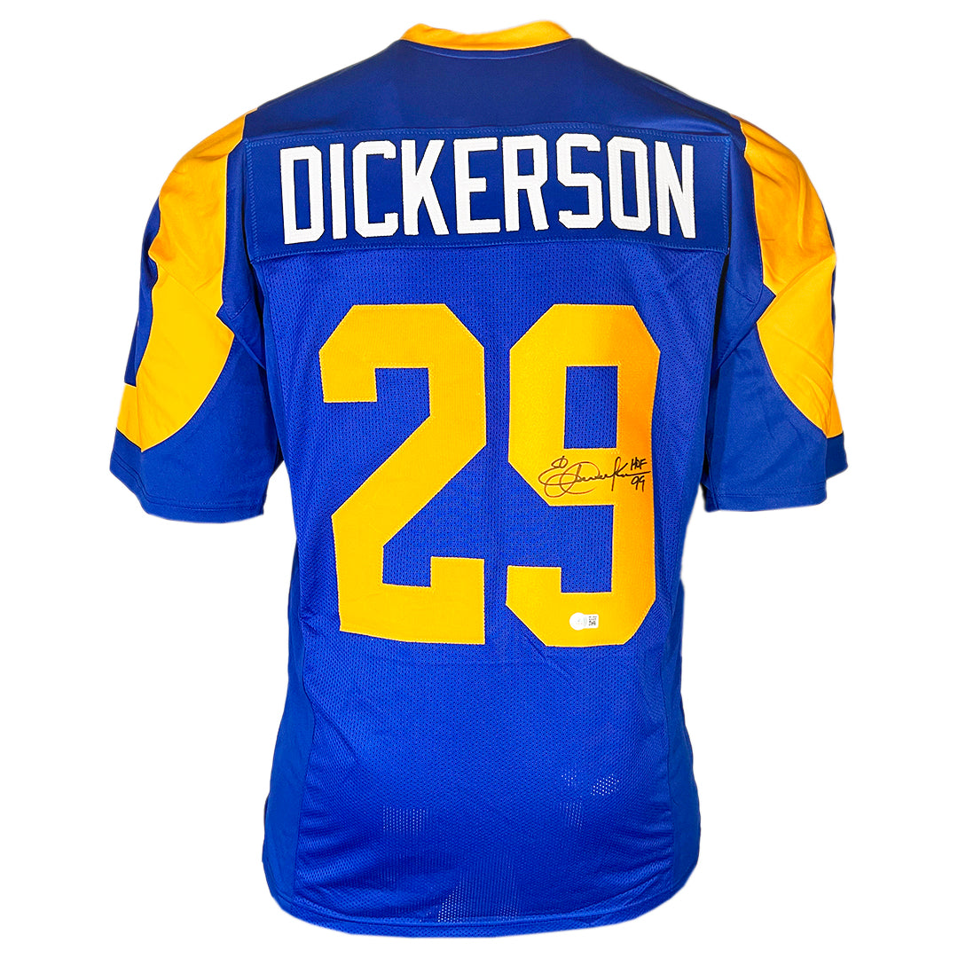 Eric Dickerson Signed HOF 99 Inscription St. Louis Royal Blue Signed on 9 Football Jersey (Beckett)
