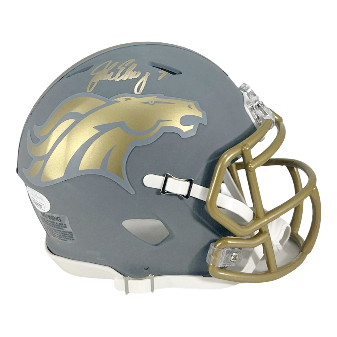 John Elway Signed Denver Broncos Slate Alternate Speed Mini Football Helmet Gold Ink (JSA)