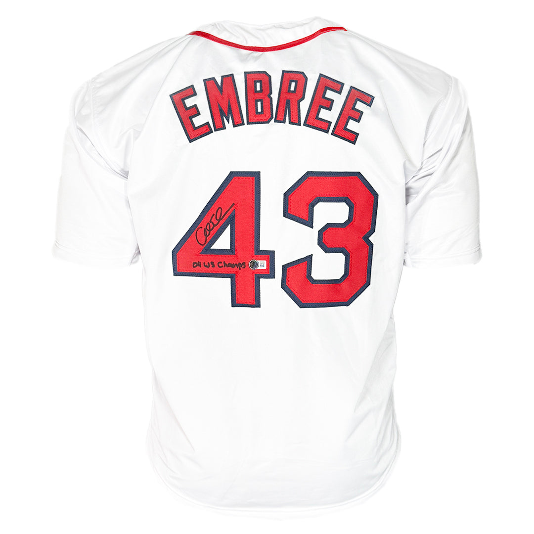 Alan Embree Signed 04 WS Champs Inscription Boston White Baseball Jersey (Beckett)