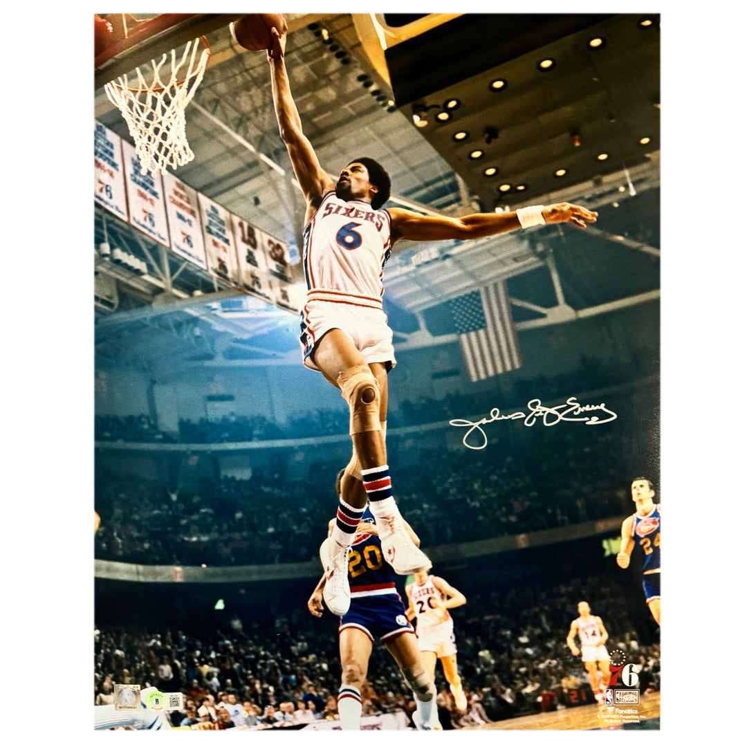 Julius "Dr. J" Erving Signed Philadelphia 76ers Pose 1 Basketball 16x20 Photo Silver ink (Beckett)