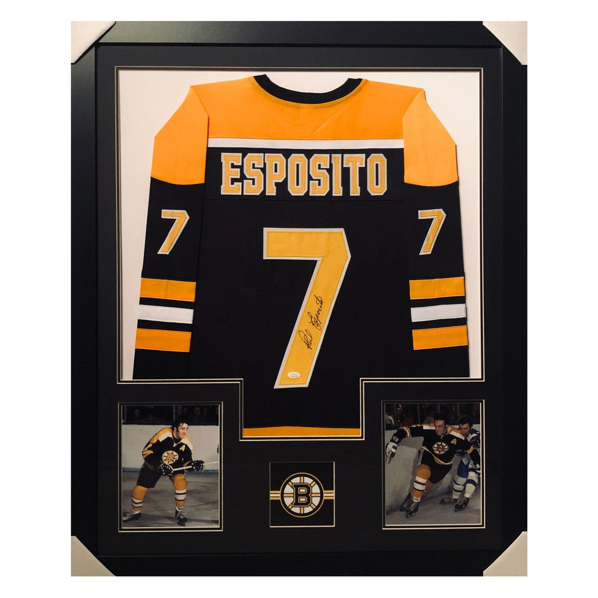 Phil Esposito Signed Boston Framed Vertical Layout Pro Edition Black Jersey (JSA)
