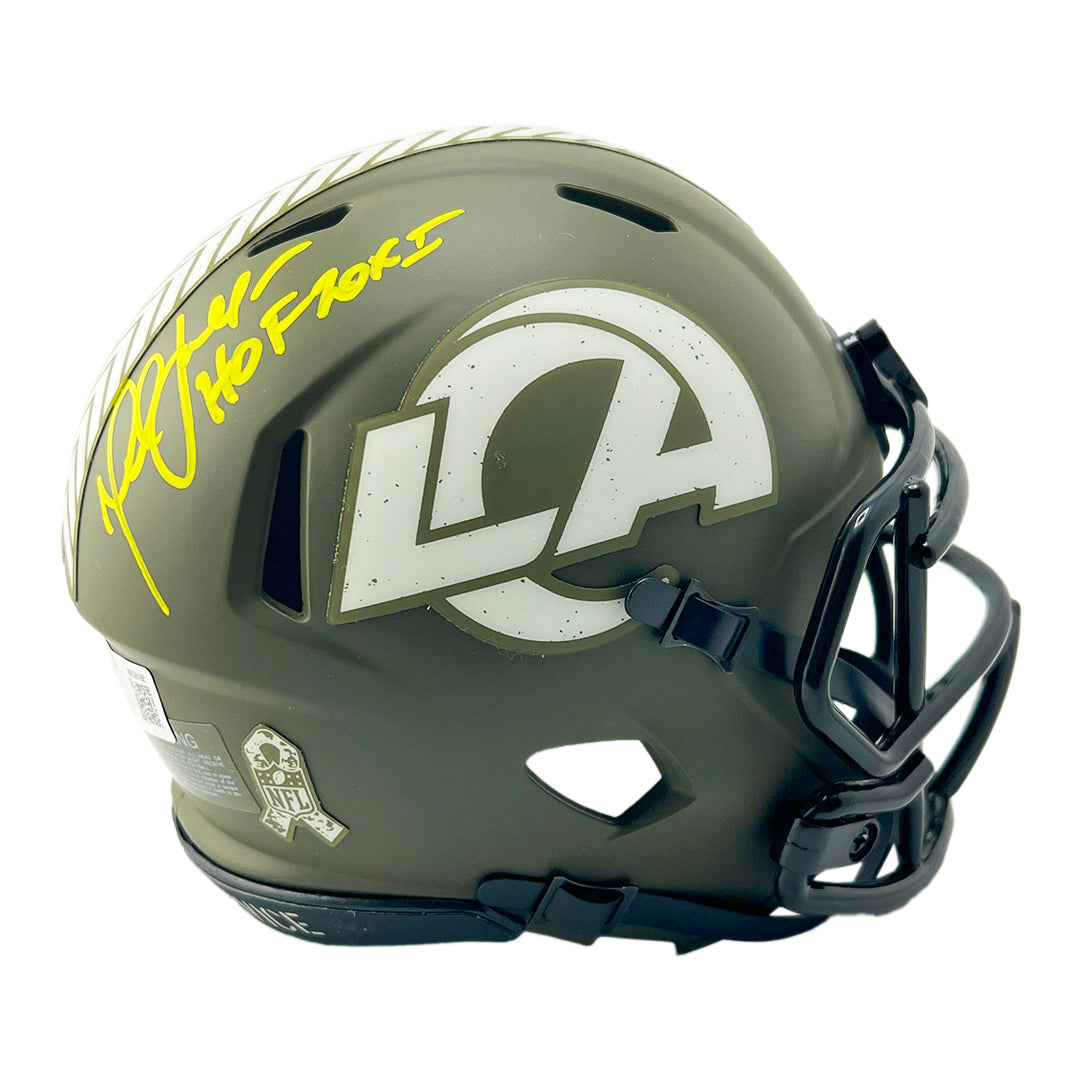 Marshall Faulk Signed HOF 20XI Yellow Ink Inscription Los Angeles Rams Salute to Service Mini Football Helmet (Beckett)