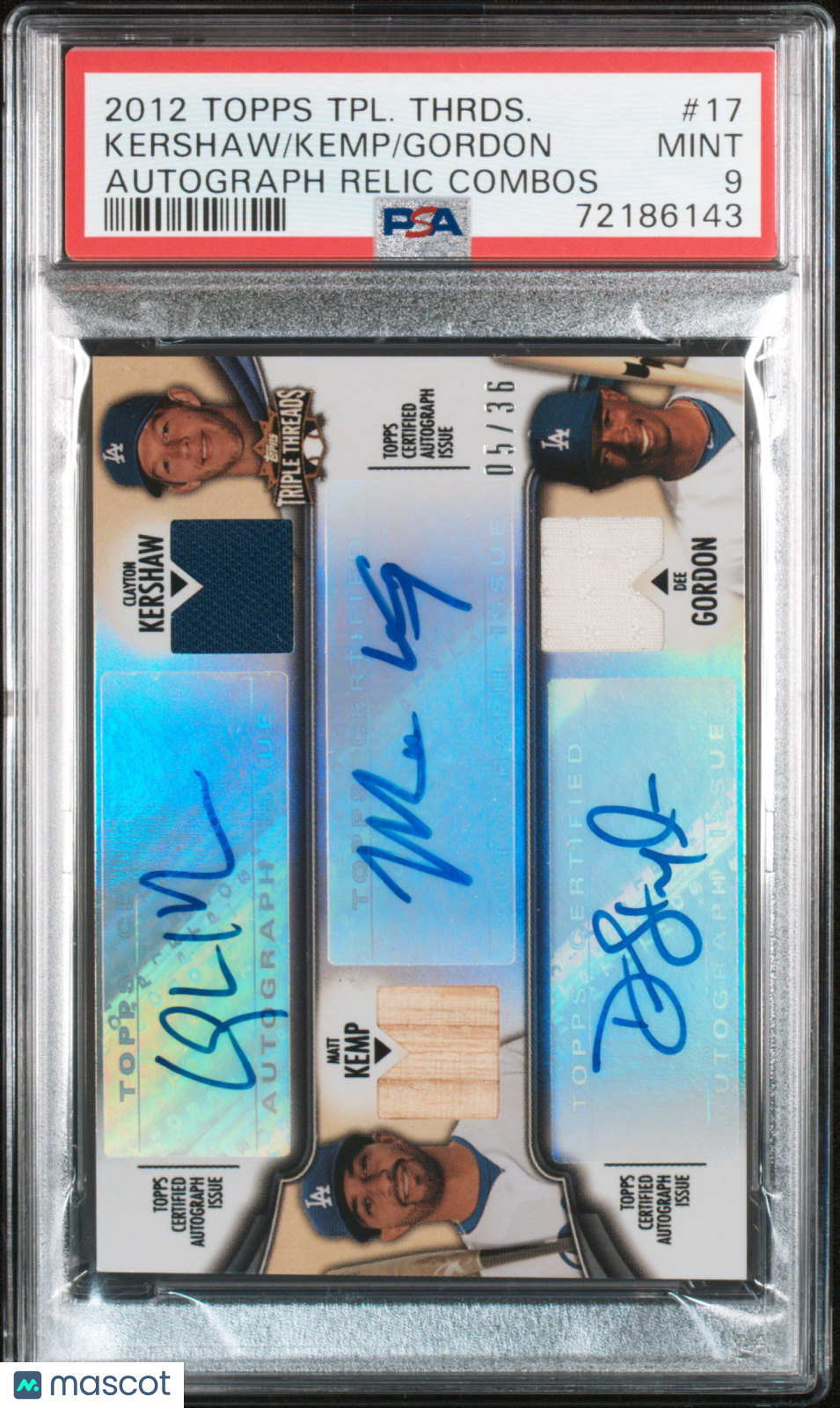 2012 Topps Triple Threads Autograph Relic  Gordon Kemp Kershaw #17 /36 PSA 9