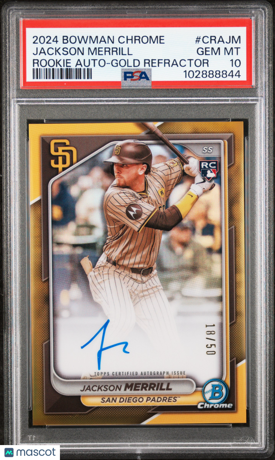 2024 Bowman Chrome  Rookie Auto Jackson Merrill #CRAJM Gold Refractor PSA 10