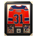Grant Fuhr Signed HOF 03 Edmonton Framed Vertical Layout Pro Edition Orange Jersey (JSA)