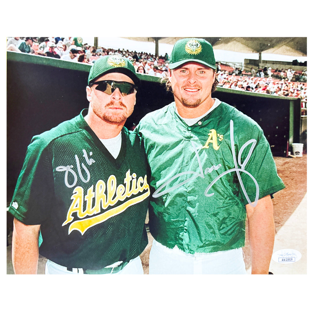 Giambi Brothers Signed Dual Signature Pose 3 Baseball 8x10 Photo (JSA)