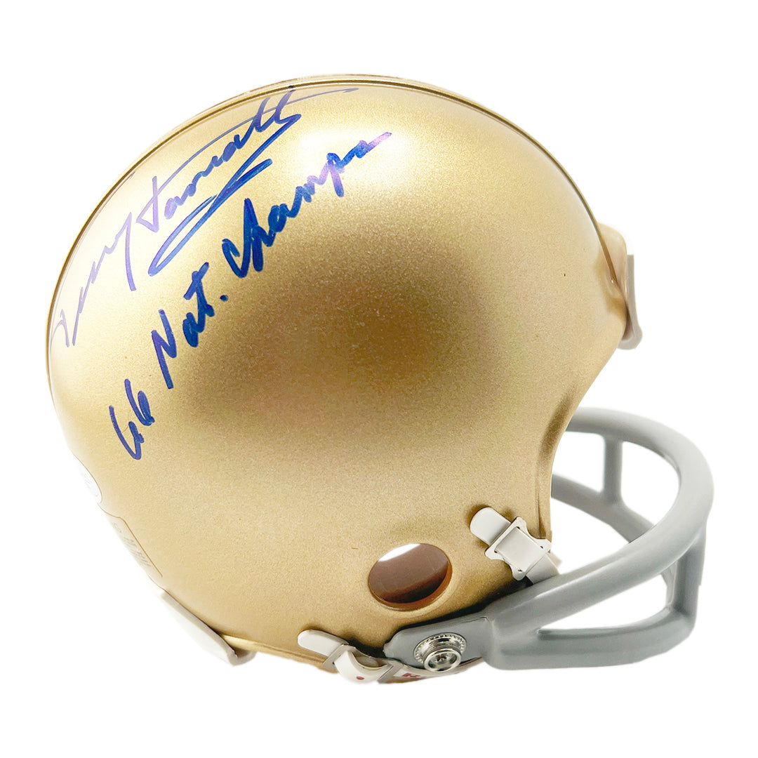Terry Hanratty Signed 1966 Nat'l Champs Inscription Notre Dame Fighting Irish Mini Football Helmet (JSA)