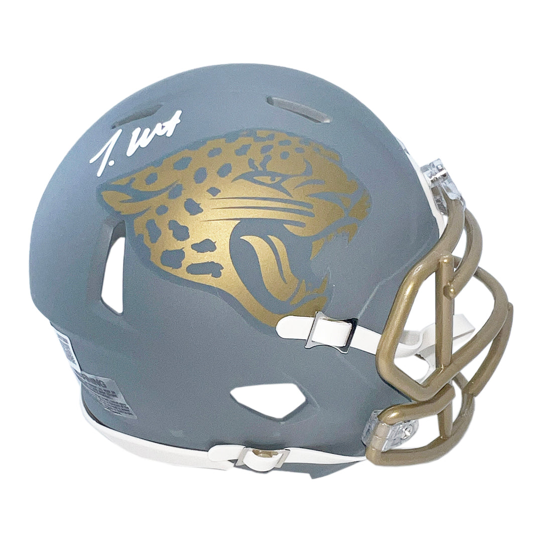 Travis Hunter Signed Jacksonville Jaguars Slate Alternate Speed Mini Football Helmet (Beckett)
