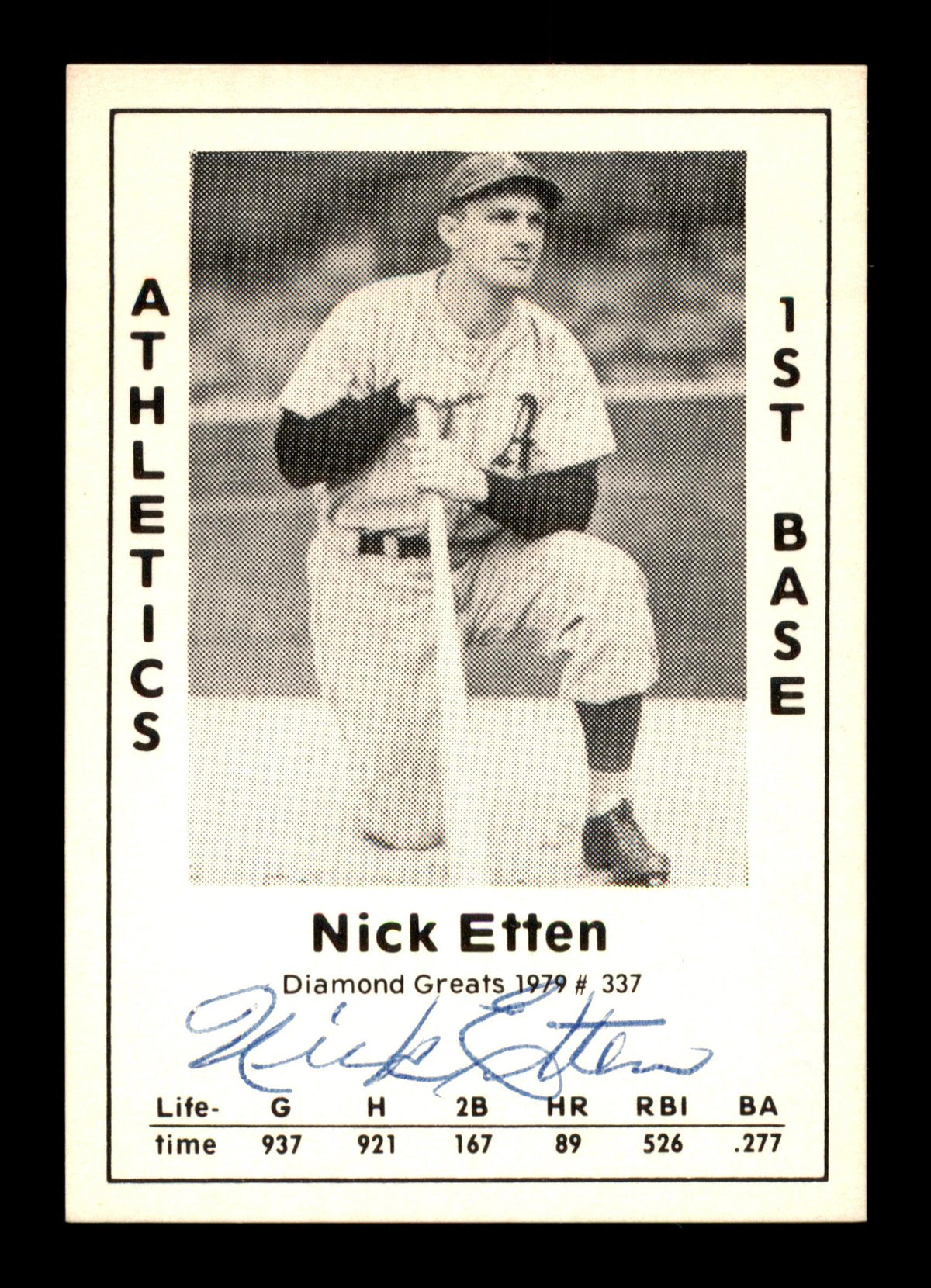 Nick Etten Autographed 1979 Diamond Greats Card #337 Philadelphia A's SKU #188922