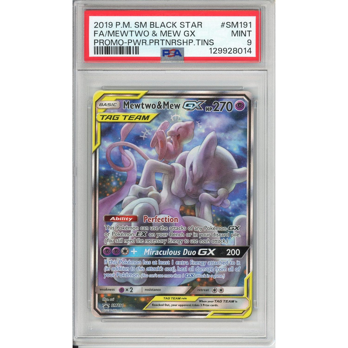 Pokemon Graded: Mewtwo & Mew GX #SM191 Power Partnership Tin Promo (2019) Holo PSA 9
