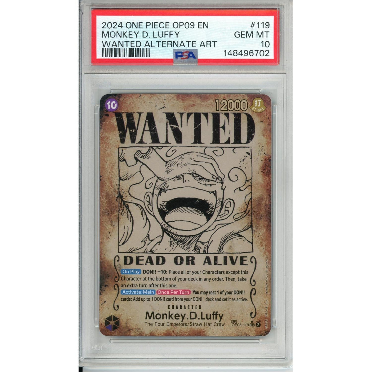 One Piece Graded: Monkey D. Luffy Wanted Poster Alt Art OP05-119 Emperors in the New World PSA 10