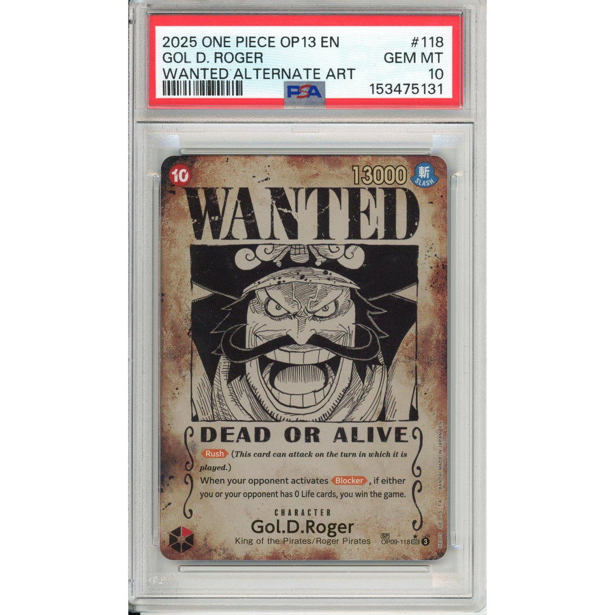 One Piece Graded: Gol D. Roger Wanted Poster OP09-118 Carrying On His Will PSA 10