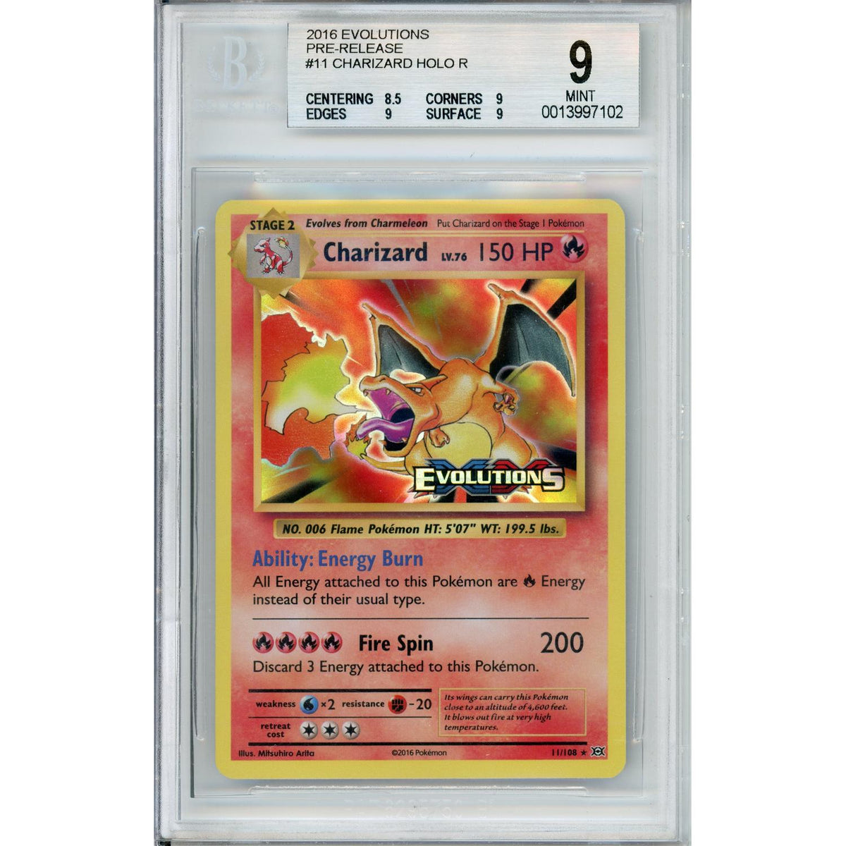 Pokemon Graded: Charizard 11/108 Pre-release Evolutions (2016) Holo Beckett 9