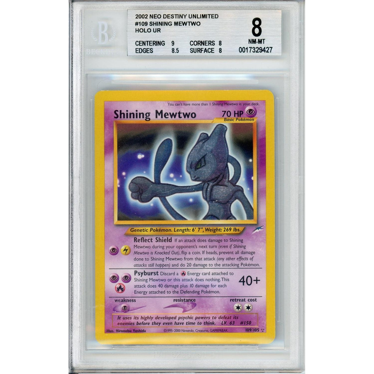 Pokemon Graded: Shining Mewtwo 109/105 Neo Destiny Unlimited (2002) Holo Beckett 8