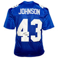 Michael Johnson Signed SB XLII Inscription New York Blue Football Jersey (JSA)