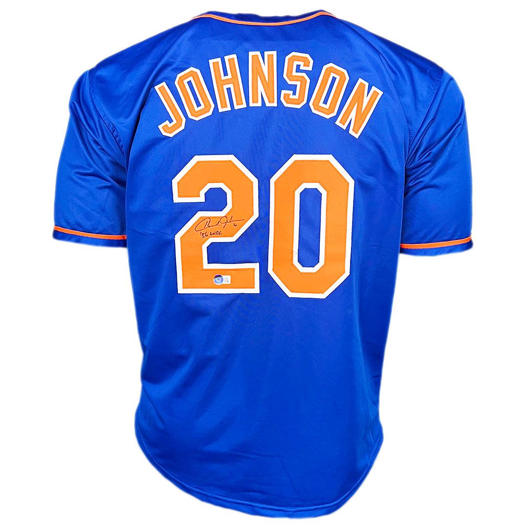 Howard Johnson Signed 86 WSC Inscription New York Blue Baseball Jersey (Beckett)