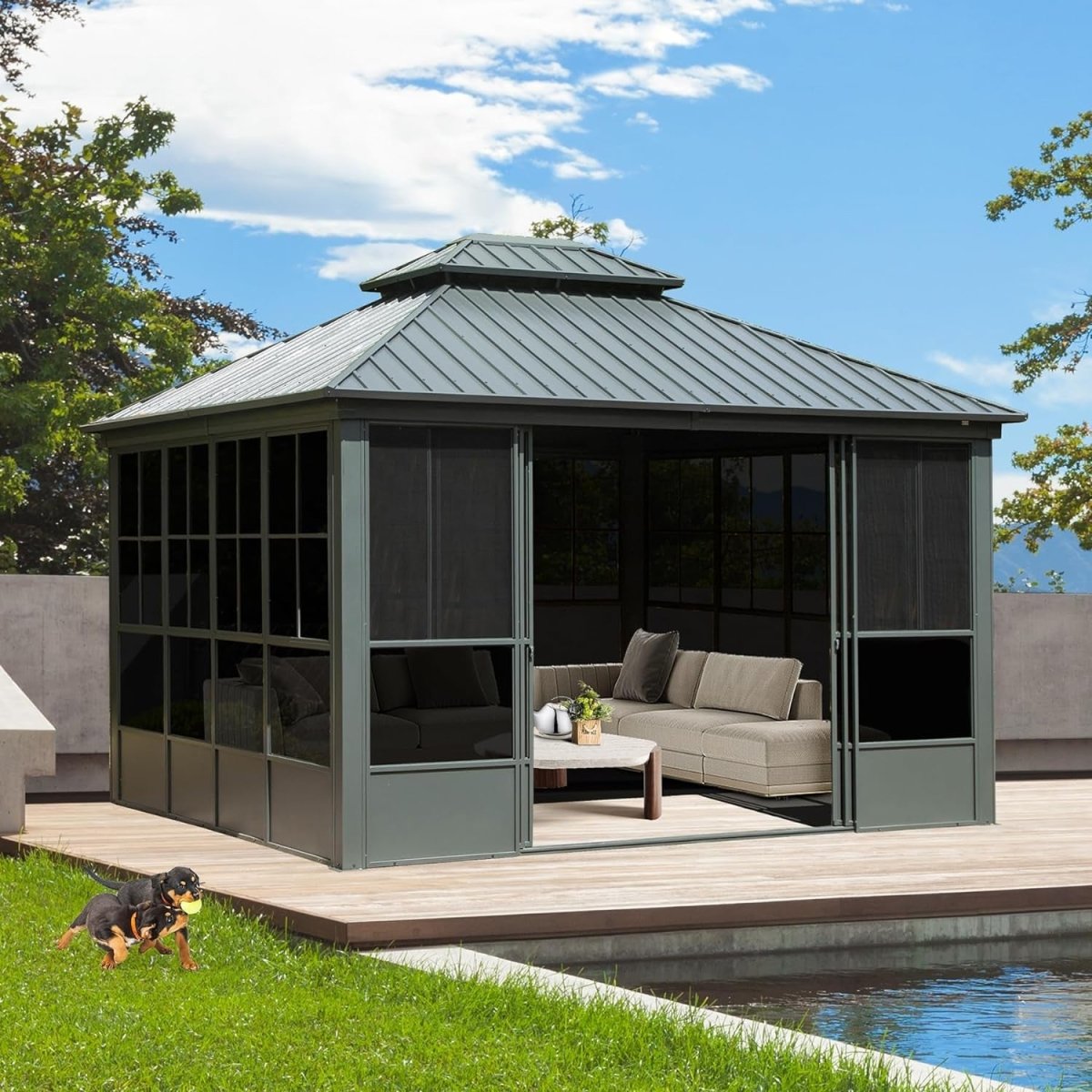 [12X14FT] Large Heavy-Duty All-Season Steel Top Aluminum Double Roof Backyard Gazebo (SAK97284) (Gray)
