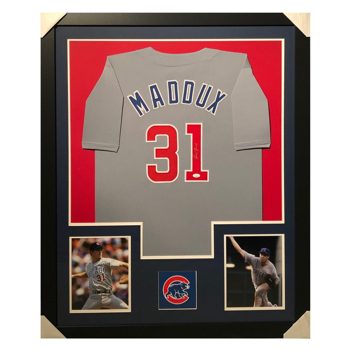 Greg Maddux Signed Chicago Framed Vertical Layout Pro Edition Grey Jersey (JSA)