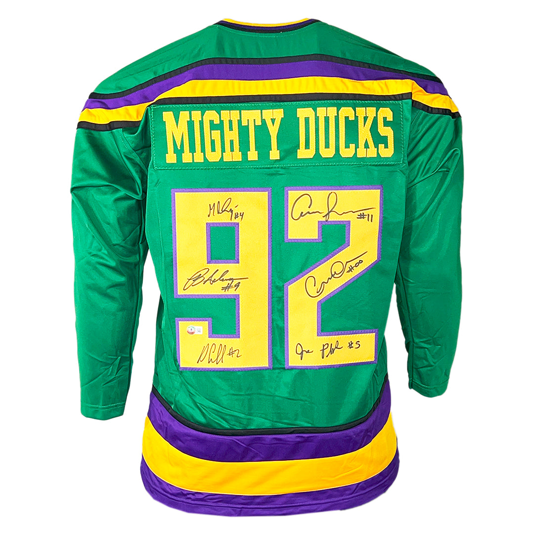 The Mighty Ducks Signed Six Signature Green Hockey Jersey (Beckett)