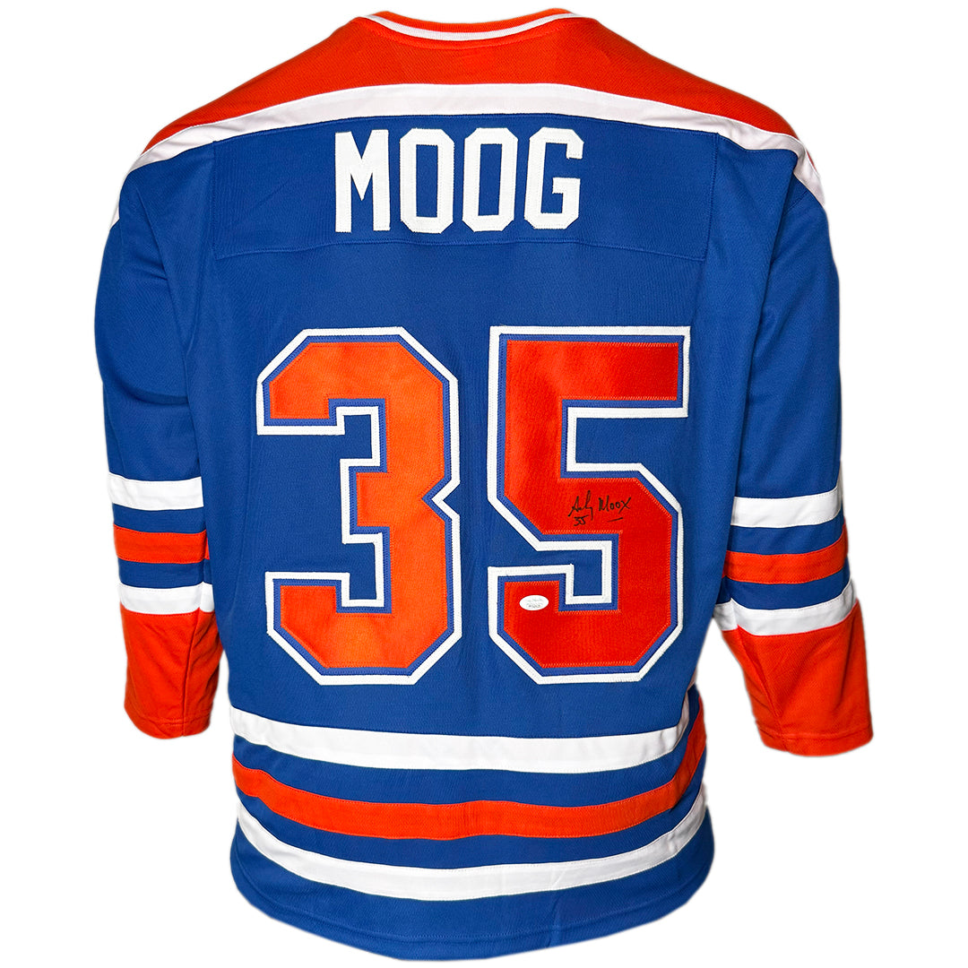 Andy Moog Signed Edmonton Blue Hockey Jersey (JSA)