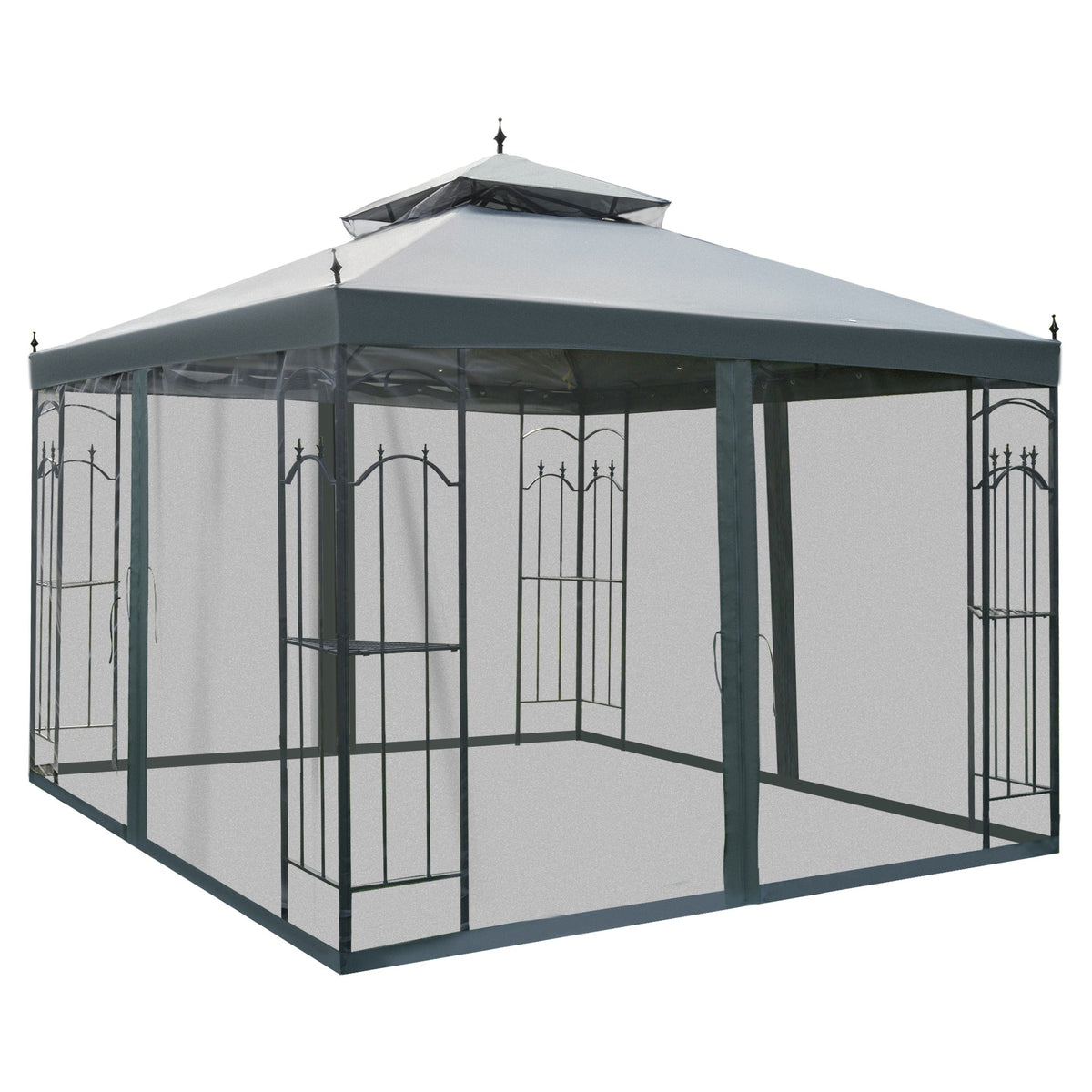 10' x 10' Patio Gazebo with Corner Shelves, Double Roof & Netting, Gray