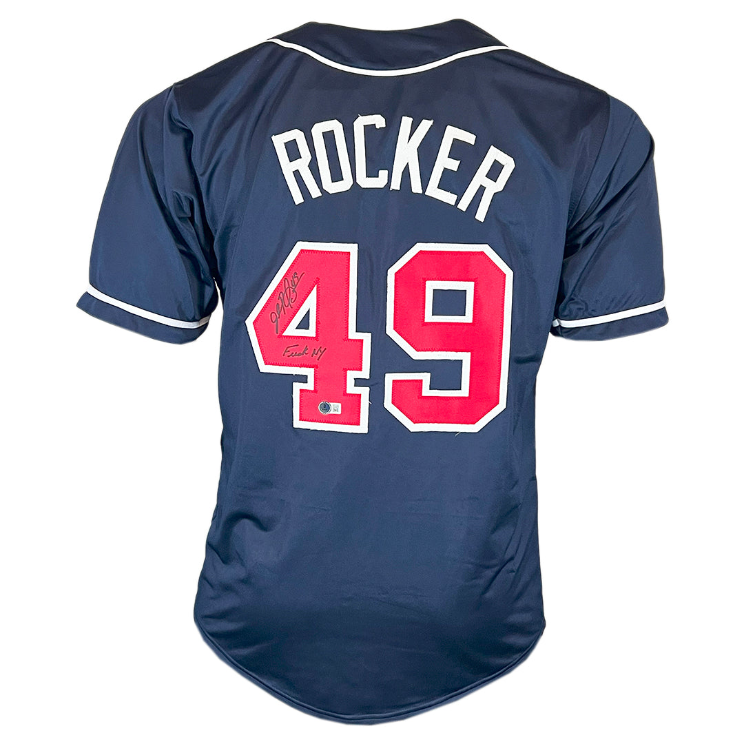 John Rocker Signed F*** NY Inscription Atlanta Navy Baseball Jersey (Beckett)
