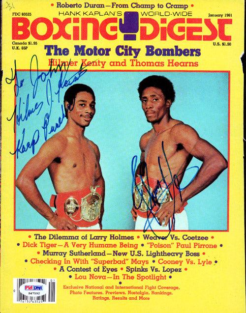 Thomas "Hit Man" Hearns & Hilmer Kenty Autographed Boxing Digest Magazine Cover "To John" PSA/DNA #S47592