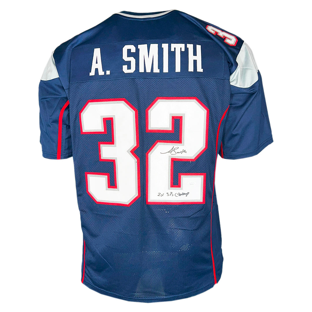 Antowain Smith Signed 2x SB Champ Inscription New England Navy Football Jersey (JSA)