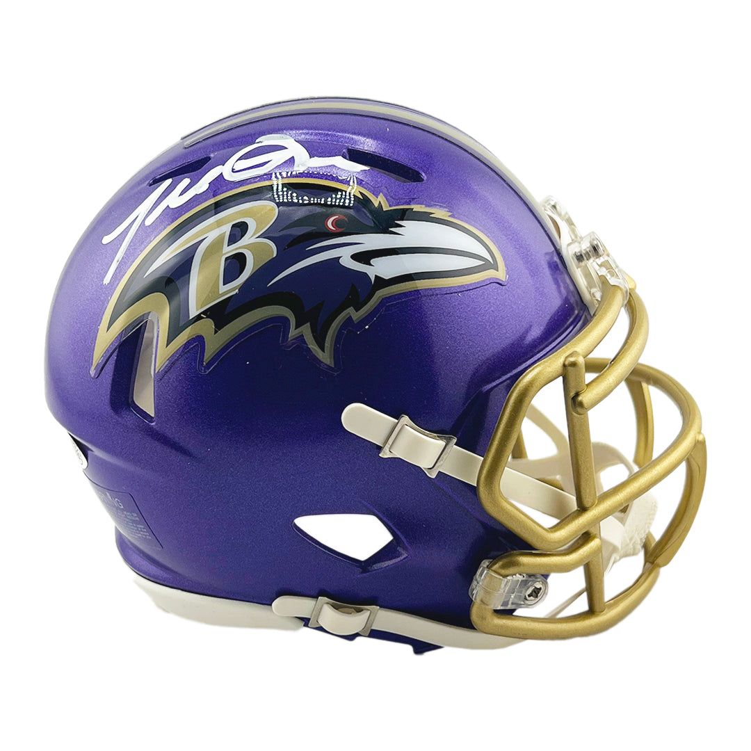 Terrell Suggs Signed White Ink Inscription Baltimore Ravens Flash Mini Football Helmet (JSA)