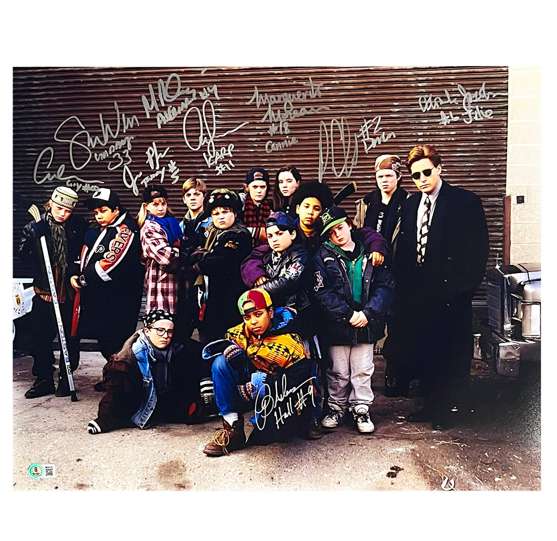 The Mighty Ducks Movie Cast Signed 9 Signature Nickname Inscriptions 16x20 Hockey Photo (Beckett)