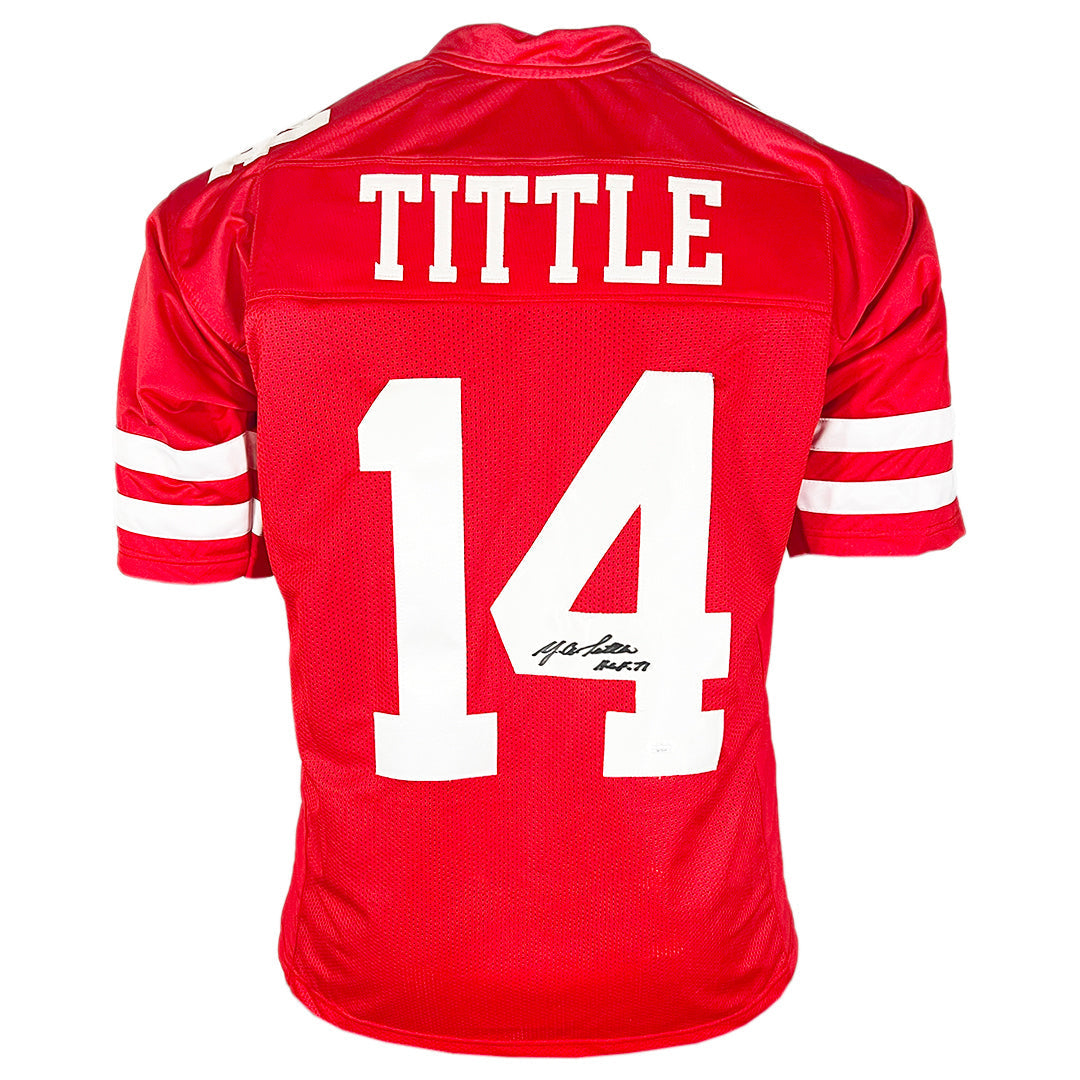YA Tittle Signed HOF 71 Inscription San Francisco Red Football Jersey (JSA)