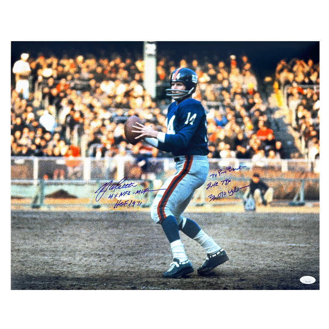 Y.A. Tittle Signed Multi-Inscription New York Pose 7-2 Football 16x20 Photo (JSA)