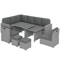 10 Seater Rattan Corner Sofa Set with Expandable Table and Nesting Chairs, Light Grey