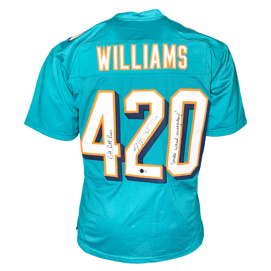 Ricky Williams Signed Puff Puff Run Smoke Weed Every Day Inscription Miami Pro Teal Football Jersey (JSA)