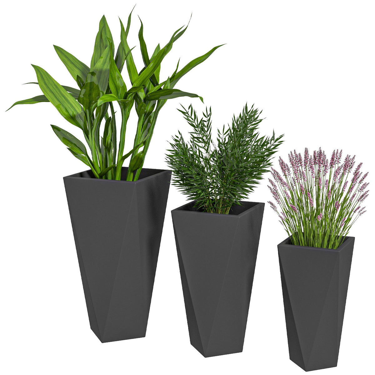 Set of 3 Tall Planters with Drainage Holes 28.75"/24.5"/20.5" MgO Flower Pots Black